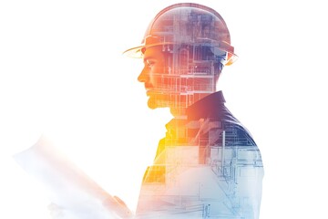 A man wearing a hard hat is reading a blueprint