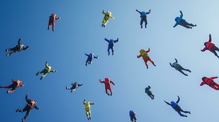 blue sky Large group of skydivers flying in formation of flower against