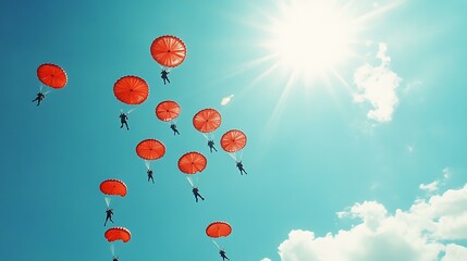 Fototapeta premium blue sky Large group of skydivers flying in formation of flower against