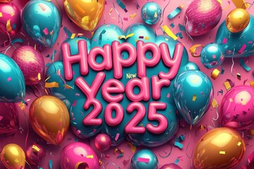 Colorful Happy New Year 2025 balloons and text against pink background