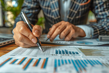 Businessman analyzing financial charts and taking notes with pen