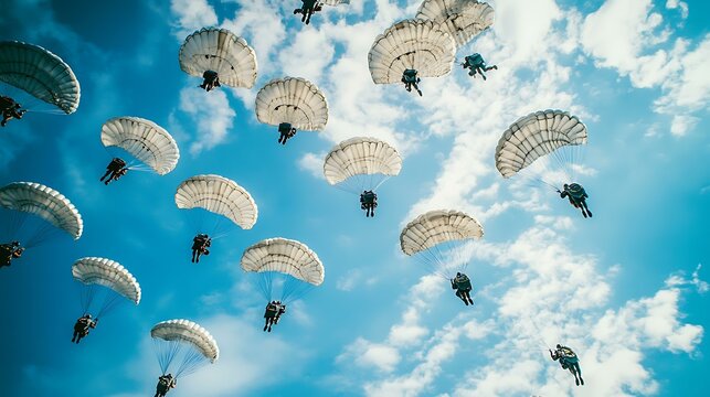 blue sky Large group of skydivers flying in formation of flower against