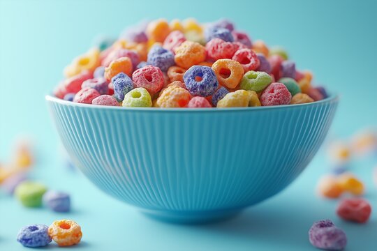 Colorful fruit loop cereal in a blue bowl on a blue background. 