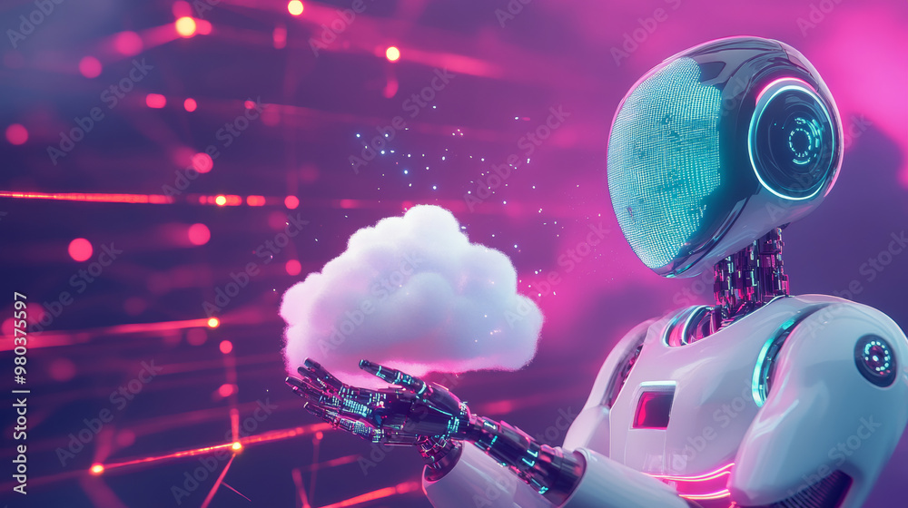 Poster ai robot interacting with data in digital cloud storage. the robot holds a cloud of data, representi