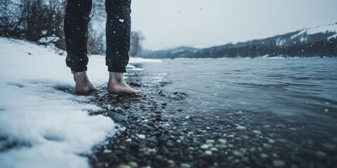 Barefoot man standing on snow-covered riverbank