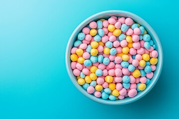 Bowl of Colorful Cereal Balls on Bright Blue Background. 