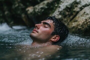 Obraz premium Man relaxing in a cold mountain stream