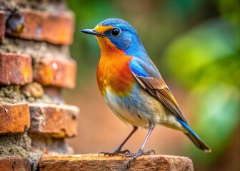 Obraz premium A delicate songbird with vibrant plumage and a sharp beak perches confidently on a weathered brick wall, showcasing remarkable balance and terrestrial agility.