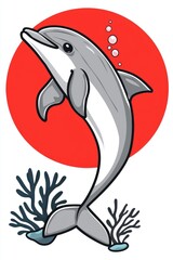 Obraz premium Cartoon Dolphin Jumping Out of Water with Red Sun Background