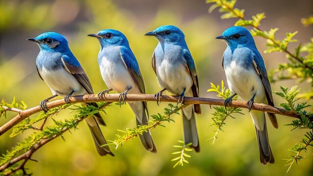 Vibrant blue-gray Marico flycatchers with white underside perched on a twisted candle pod acacia branch, surrounded by lush green leaves in a sunny African savannah scene.