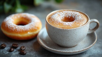 Cup of iced coffee with a donut, plain light-gray background