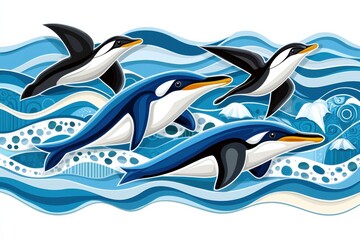 Colorful illustration of a group of playful penguins swimming in the ocean