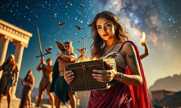 Pandora opens a box and evil spirits fly out, accompanied by eerie sounds and lighting. She closes the box just in time, leaving her with one last hope.