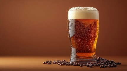 Glass of beer with foam, plain soft brown background
