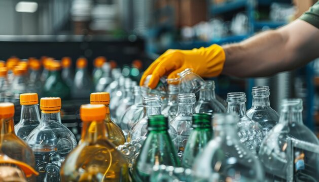 Employee wearing protective gloves sorts recyclable plastic bottles