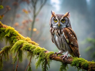 Obraz premium Majestic screech owl perches on damp branch, its feathers perfectly camouflaged amidst moss, leaves, and fog, evoking mystery and harmony with the nocturnal forest surroundings.