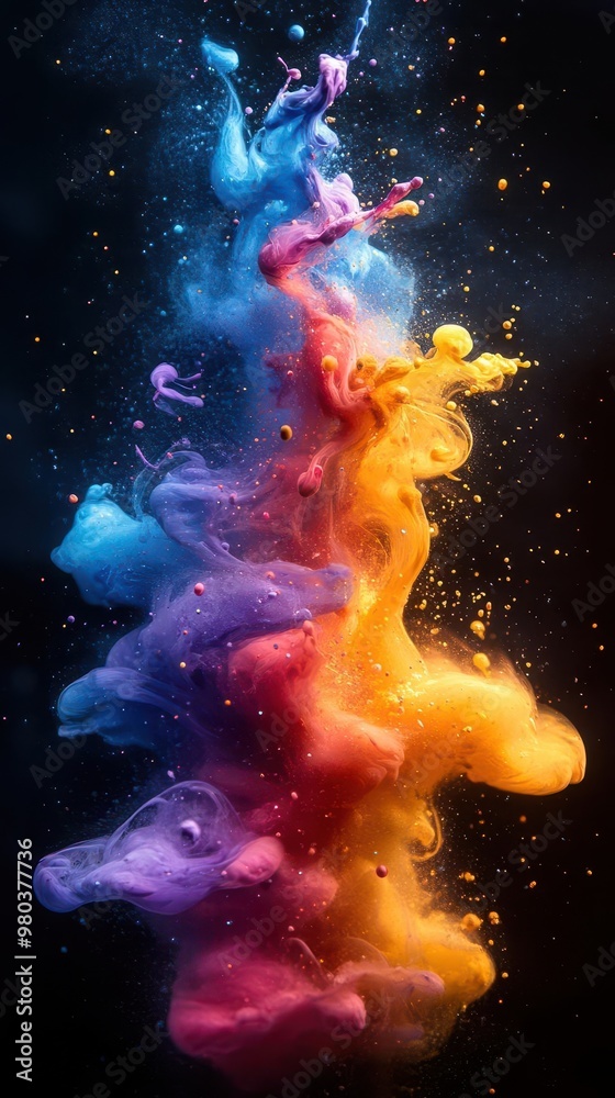 Sticker mesmerizing burst of vibrant paint splashes frozen in time against a dark backdrop abstract swirls a