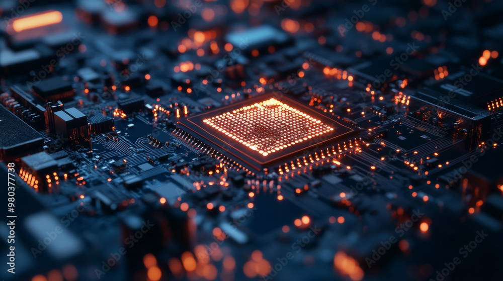 Poster cpu: an abstract digital chip representing a computer processor with electronic components on a moth