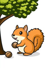 Cute Cartoon Squirrel Holding Nut Under Tree