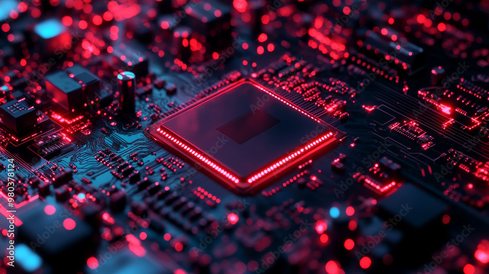 Poster cpu: an abstract digital chip representing a computer processor with electronic components on a moth