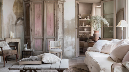 rustic, elegant interiors with distressed wood furniture, soft pastel colors, and vintage decor, evoking the charm of the French countryside.