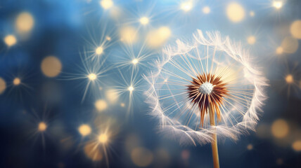 Close-up of a dandelion with seeds blowing in the wind against a soft, glowing background.