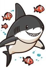 Fototapeta premium Cartoon Shark Swimming with Fish
