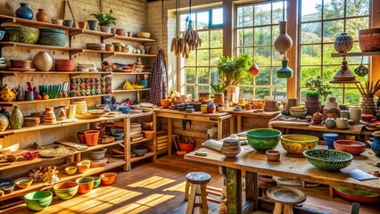Fototapeta premium Vibrant textiles and colorful pottery fill a cluttered workshop, with half-finished projects and artisanal tools scattered about, surrounded by warm natural light and earthy tones.