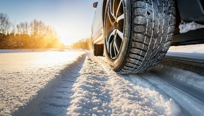 Winter tire with detail of car tires in winter snowy season on the road covered with snow and morning sun light