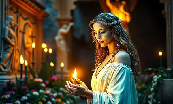 Persephone, goddess of spring and the underworld. As she walks, the scene changes to a dark and mysterious garden.