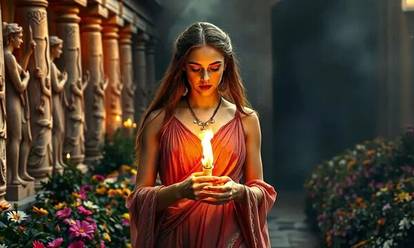 Persephone, goddess of spring and the underworld. As she walks, the scene changes to a dark and mysterious garden.