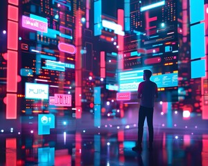 Futuristic Neon Cityscape with AI Powered Virtual Event Invitations and Follow ups