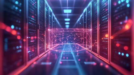 Futuristic data center with glowing lines and digital landscape, representing advanced technology and connectivity.
