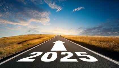 Road to 2025 with an empty road with written 2025 and arrow pointing towards the horizon to represent the future and positivity and success of the new year 2025