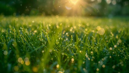 Grass field with morning dew illuminated by soft sunlight