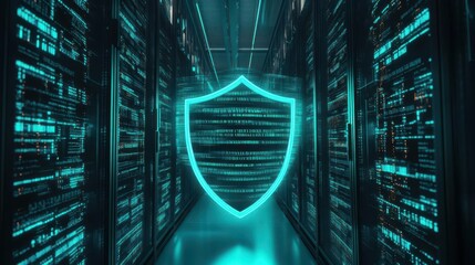 Obraz premium Futuristic server room with glowing shield symbol, representing data protection and cybersecurity in a digital environment.