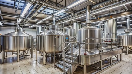 Industrial brewery fermentation room filled with stainless steel tanks and pipes, rows of fermenters and kettles, surrounded by modern equipment and control panels.