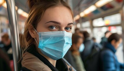 Portrait of a young woman wearing a medical mask on public transportation