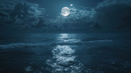 Fototapeta premium Dark Ocean Waves Wallpaper. Gentle waves of a dark ocean under a cloudy night sky.
