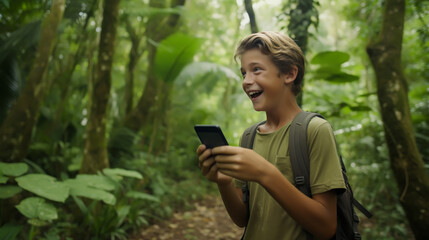 Shocked boy holding a phone and looking at camera