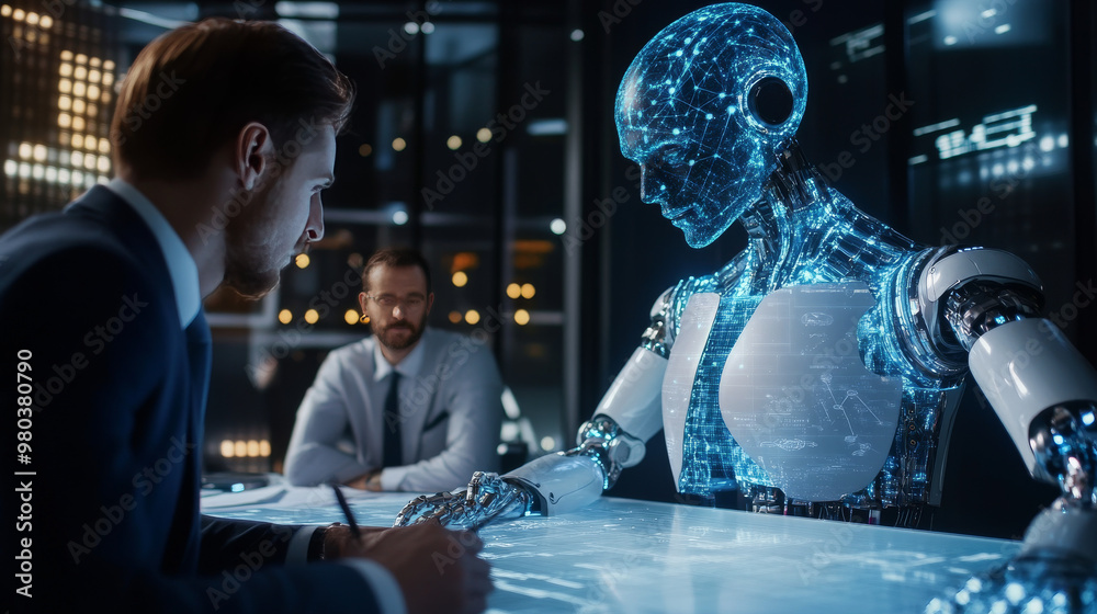 Poster artificial intelligence training business employees. robot with an artificial brain linked to a neur