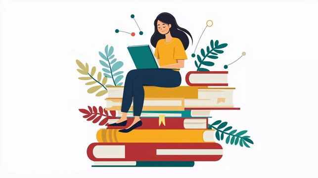 
Girl sitting on a pile of books. Concept illustration of online courses, distance learning, self-education, digital library flet cartoon style