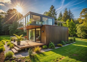 Obraz premium A modern, eco-friendly shipping container house stands alone on a sunny day, with lush greenery surroundings, perfect for sustainable living or a cozy holiday home.