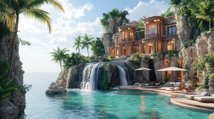 Luxurious villa overlooking the ocean with private waterfall and infinity pool