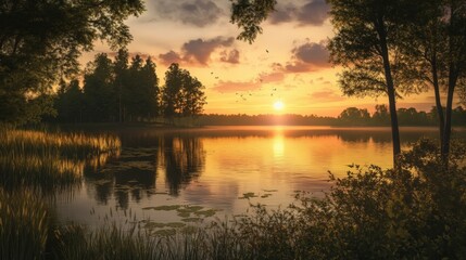 Fototapeta premium sunset scene with a calm pond surrounded by trees.