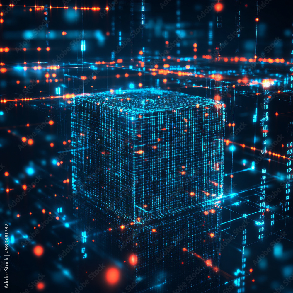 Poster digital background featuring a cube or box made of a matrix of digits. represents a blockchain of ab