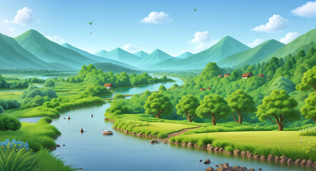 Fototapeta premium A peaceful nature scene featuring a winding river through lush green forests, with birds soaring in the sky and distant mountains on the horizon, set under a clear blue sky.