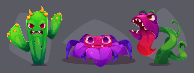 Scary monster plants and flowers with creepy faces, mouths and teeth. Cartoon vector illustration set of fantasy horrible carnivorous garden creatures. Game ui design dangerous alien character.