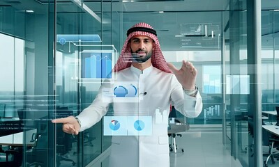 Innovation in Action: Businessman Interacting with Digital Interface in Modern Office - Powered by Adobe