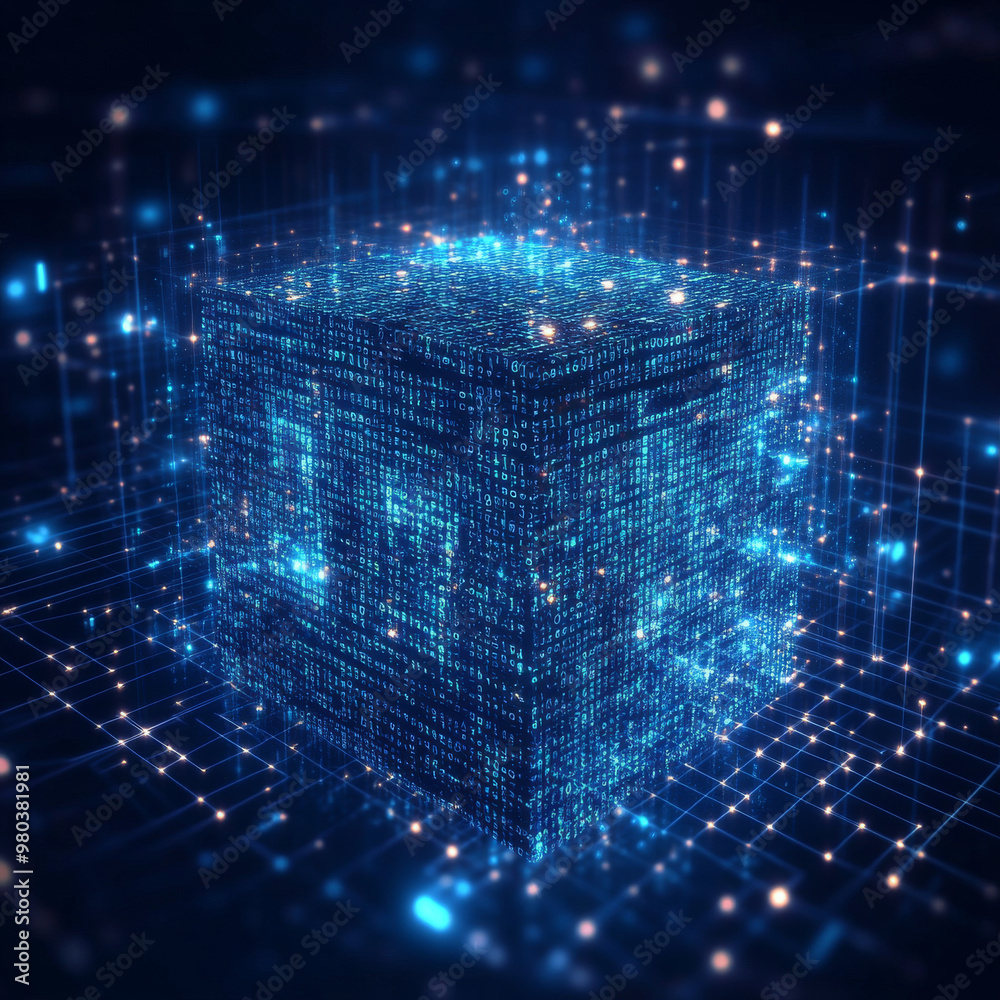 Poster digital background featuring a cube or box made of a matrix of digits. represents a blockchain of ab